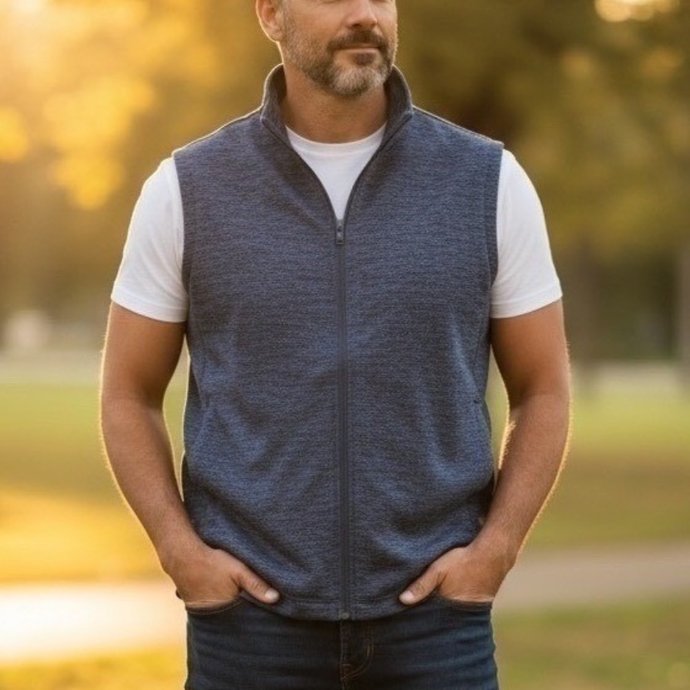 Lands End Vest Sleeveless Jacket Knit Mens Zip Up Navy Blue Trendy Pockets 2XL